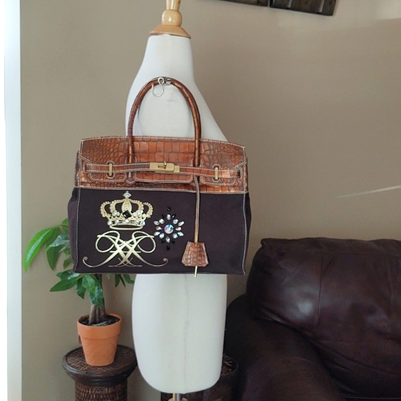 🟧Accessoires De Mademoiselle Cova Leather Croc & Canvas Bag - Picture 3 of 16